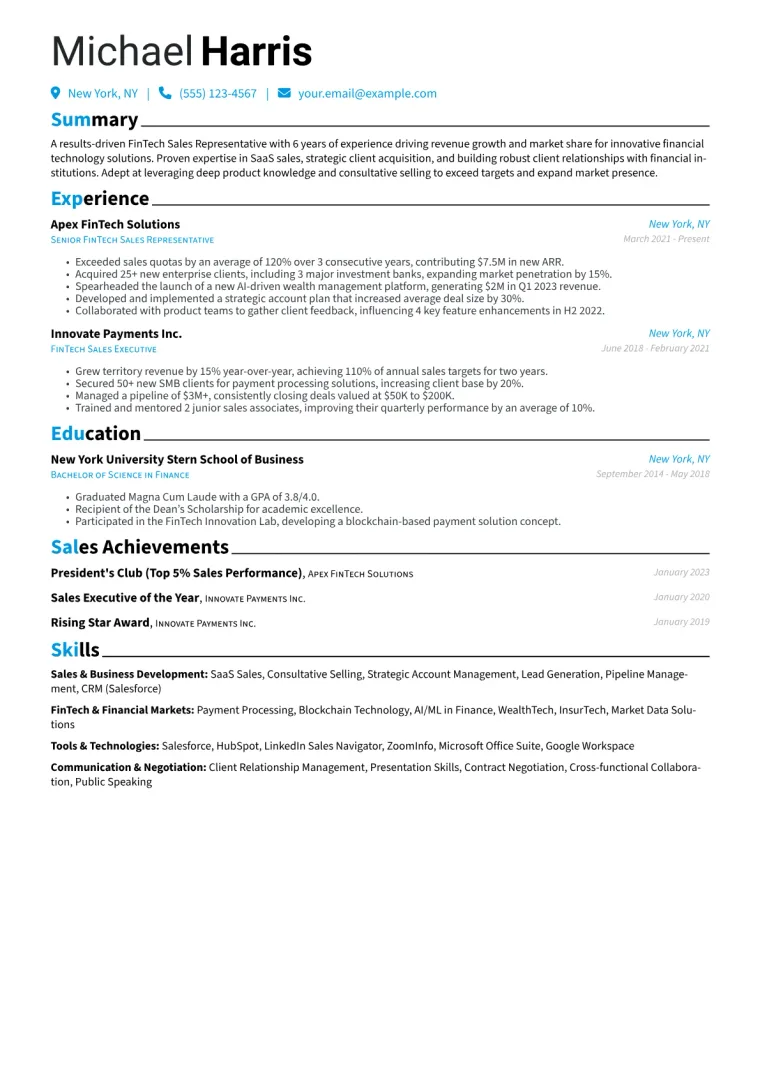 FinTech Sales Representative Resume Example CV template preview