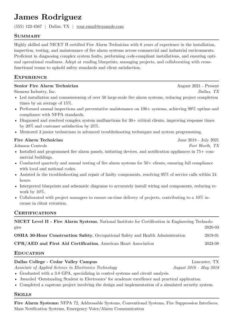 Fire Alarm Technician Resume Example CV template preview