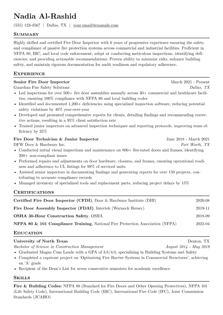 Fire Door Inspector Resume Example CV template preview