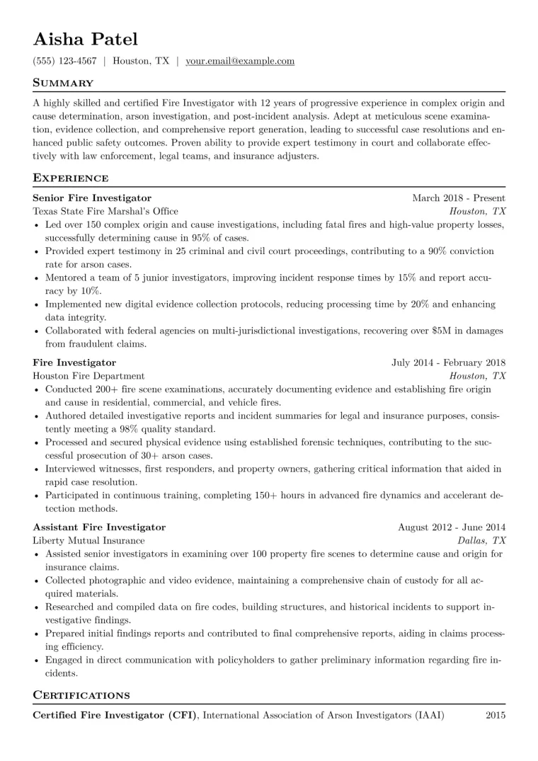 Fire Investigator Resume Example CV template preview