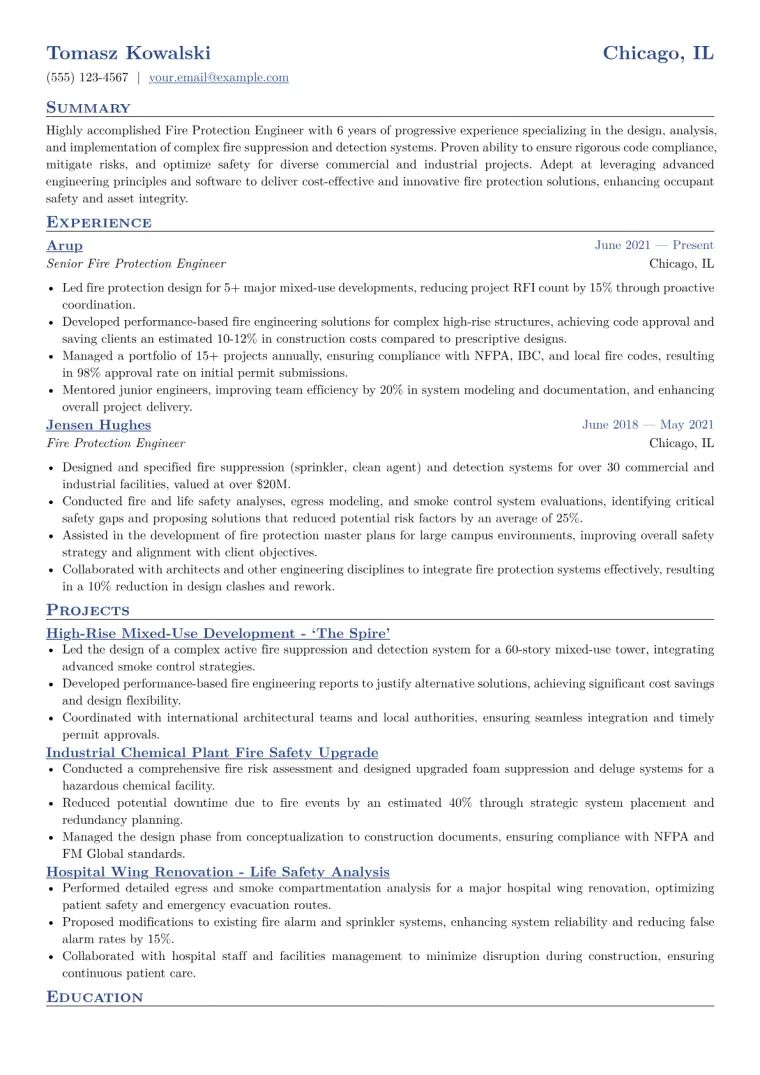 Fire Protection Engineer Resume Example CV template preview