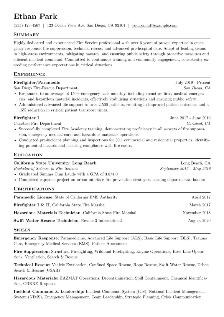 Fire Service Resume Example CV template preview