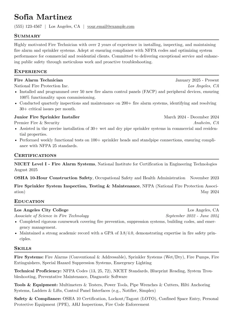 Fire Technician Resume Example CV template preview