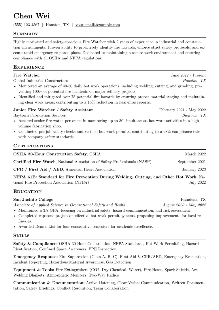 Fire Watcher Resume Example CV template preview