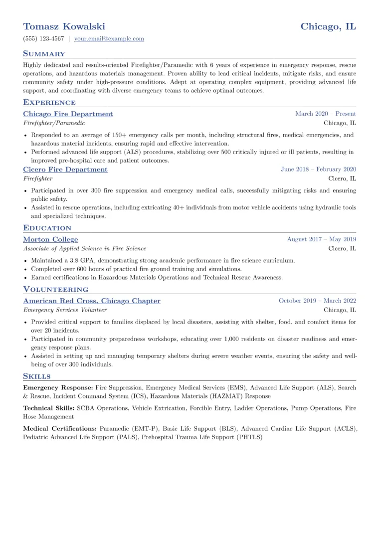 Fireman Resume Example CV template preview