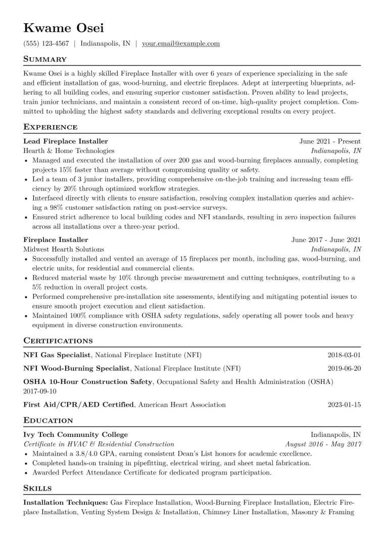 Fireplace Installer Resume Example CV template preview