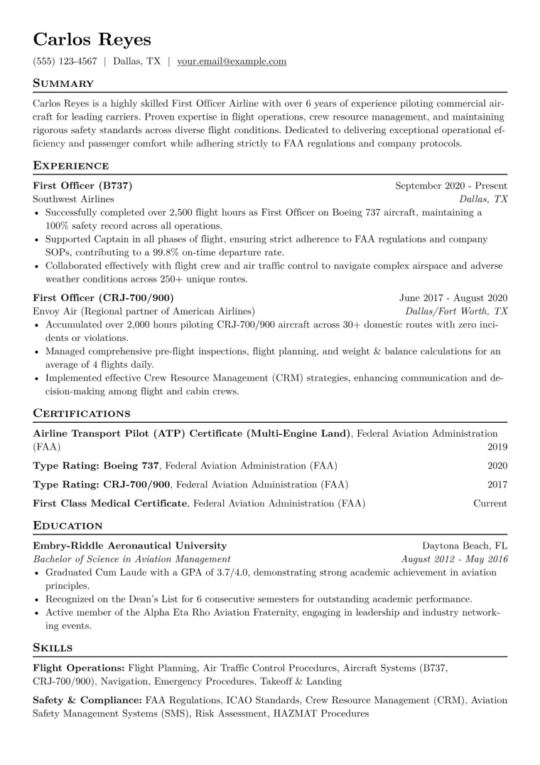 First Officer Airline Resume Example CV template preview