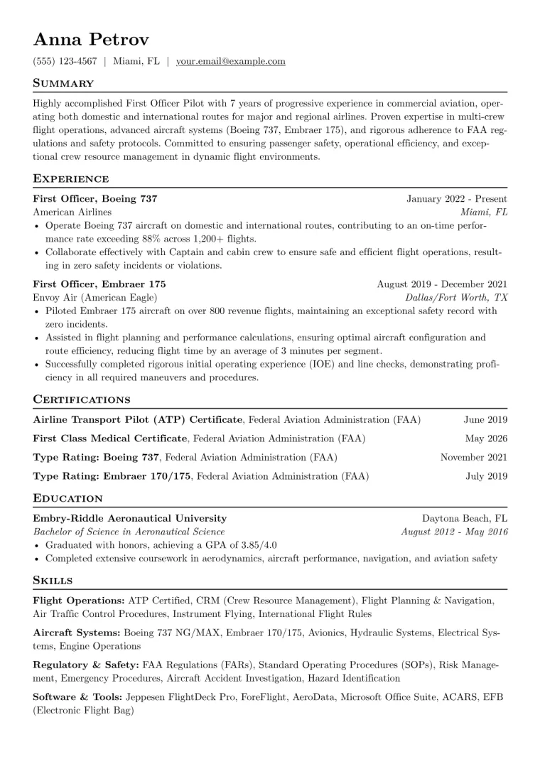 First Officer Pilot Resume Example CV template preview