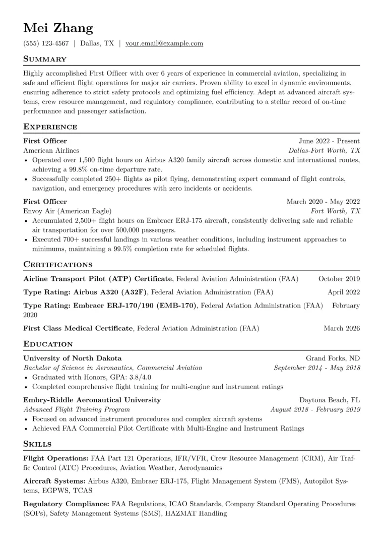 First Officer Resume Example CV template preview