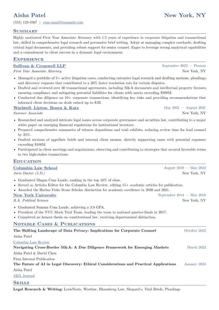 First Year Associate Attorney Resume Example CV template preview