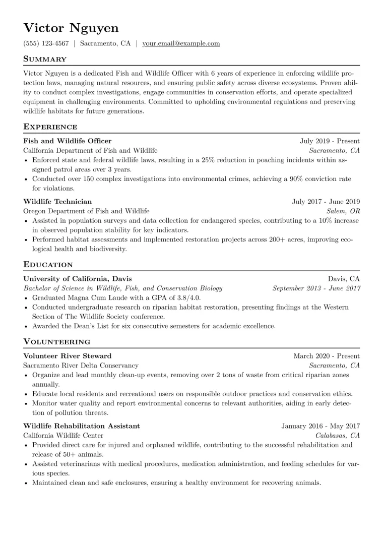 Fish and Wildlife Officer Resume Example CV template preview
