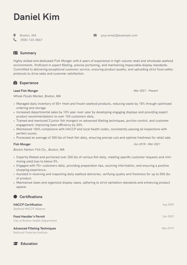 Fish Monger Resume Example CV template preview