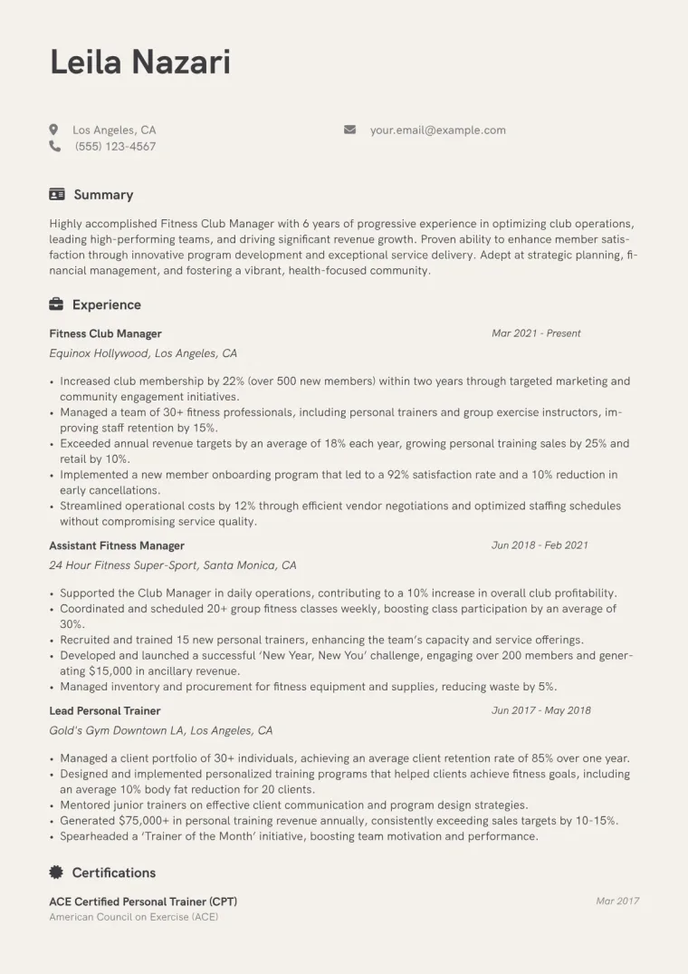 Fitness Club Manager Resume Example CV template preview