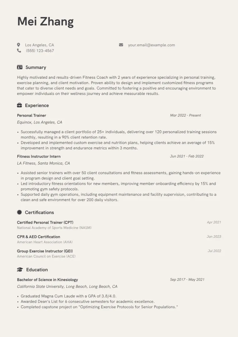 Fitness Coach Resume Example CV template preview