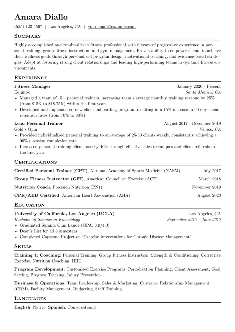Fitness Industry Resume Example CV template preview