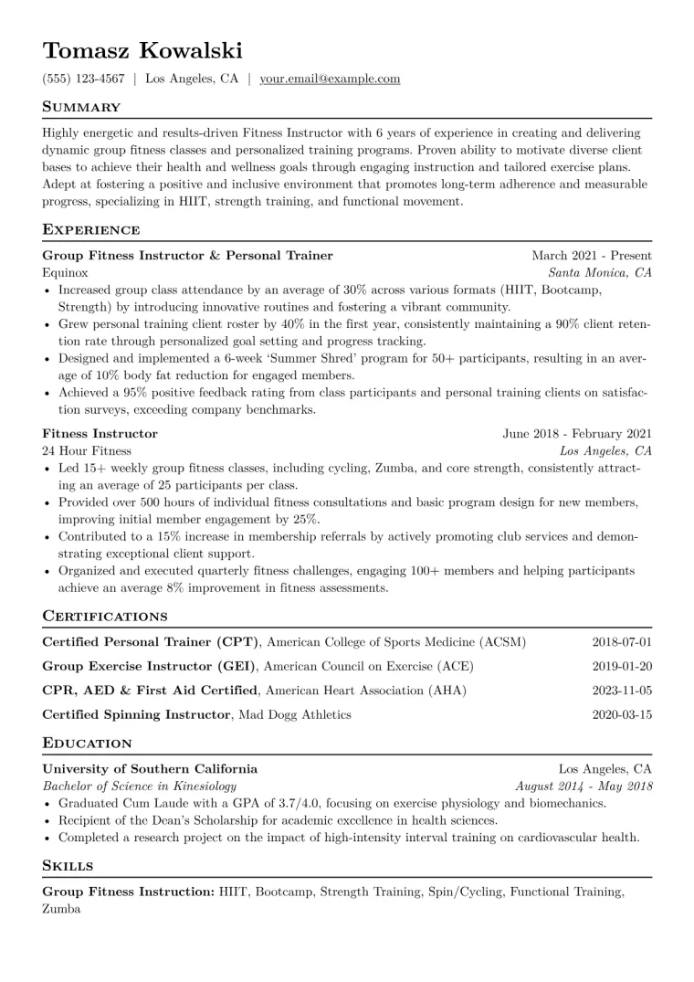 Fitness Instructor Resume Example CV template preview
