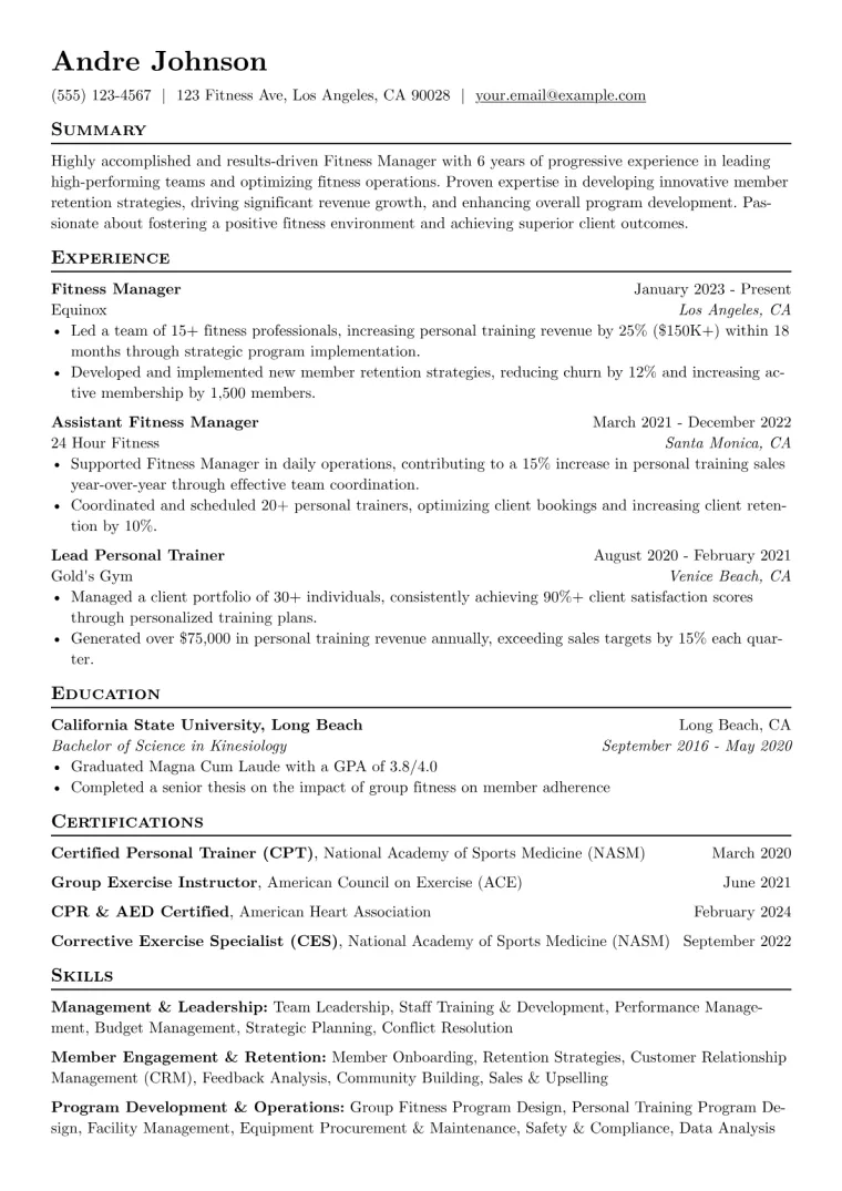 Fitness Manager Resume Example preview