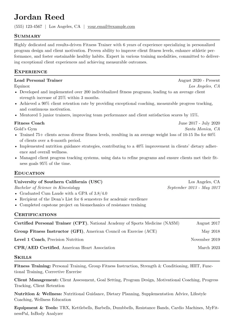 Fitness Trainer Resume Example CV template preview