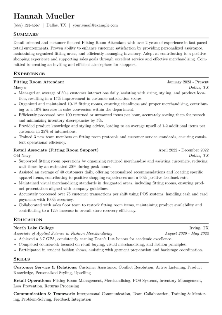 Fitting Room Attendant Resume Example CV template preview
