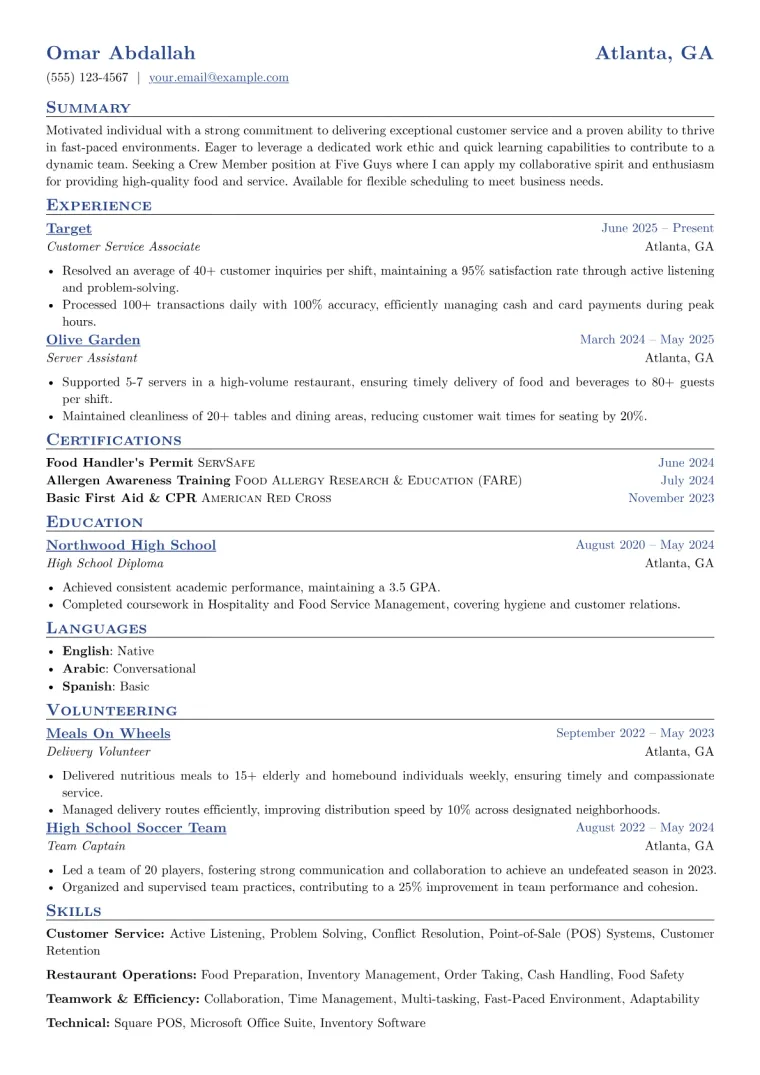 Five Guys Resume Example preview