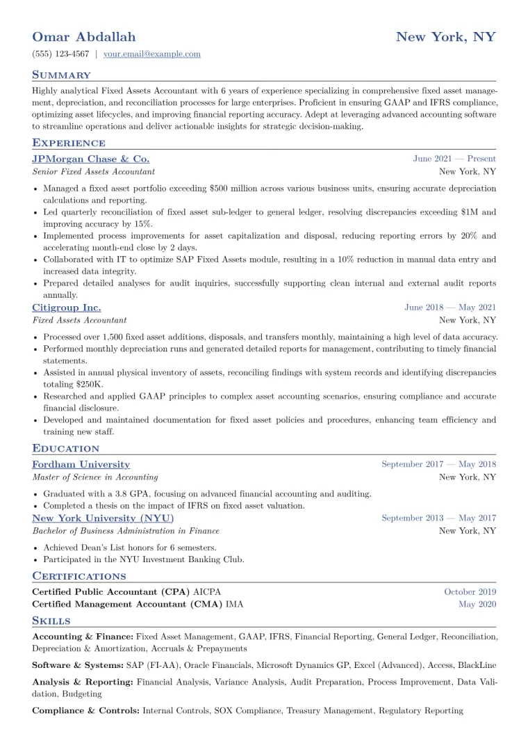 Fixed Assets Accountant Resume Example CV template preview