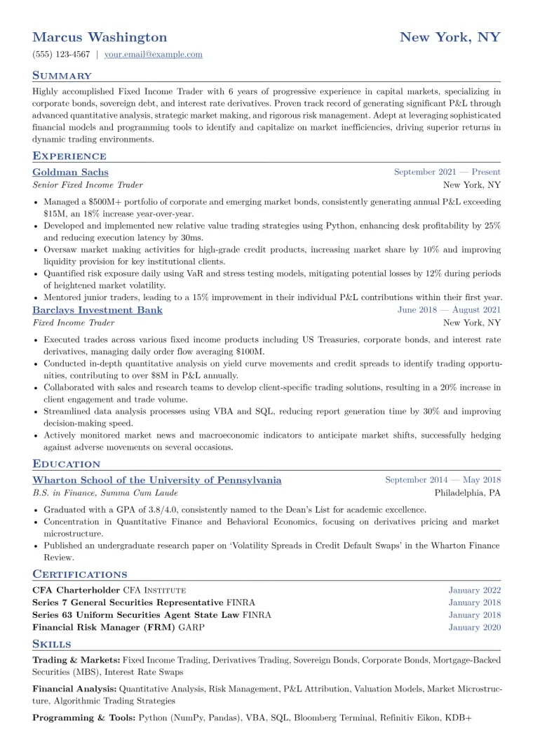 Fixed Income Trader Resume Example CV template preview