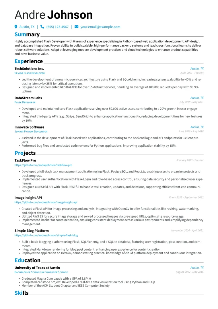 Flask Developer Resume Example CV template preview