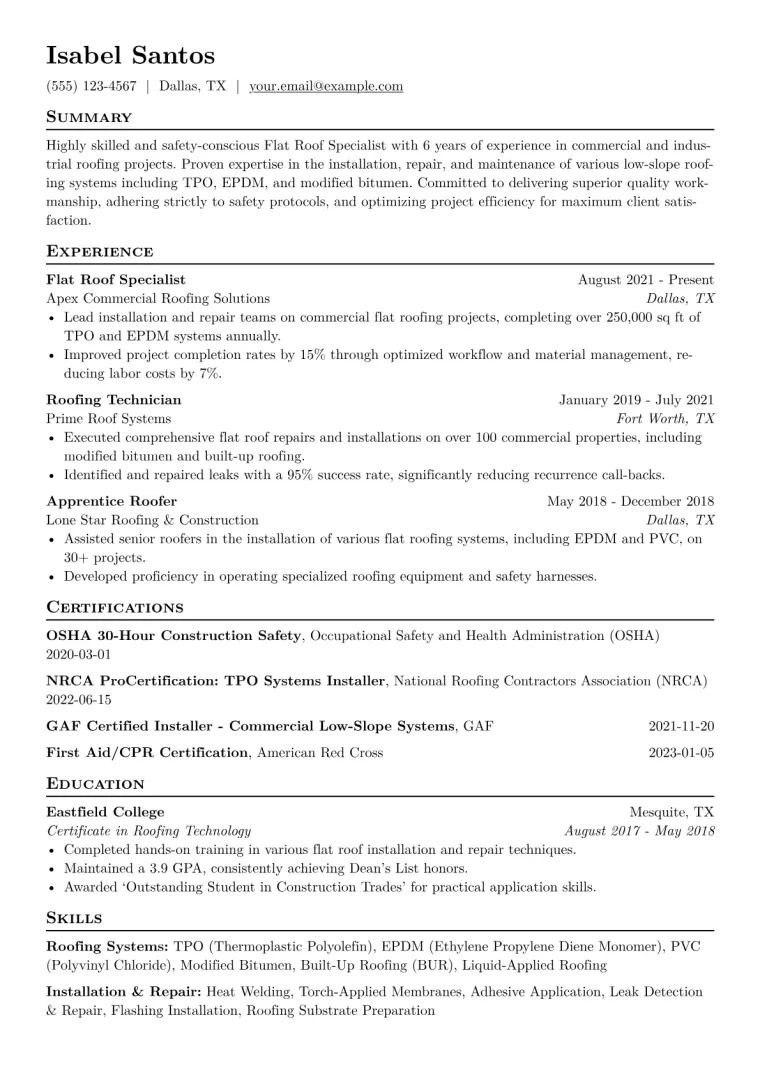 Flat Roof Specialist Resume Example CV template preview