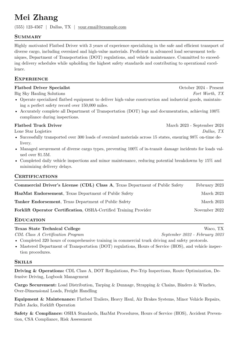 Flatbed Driver Resume Example CV template preview