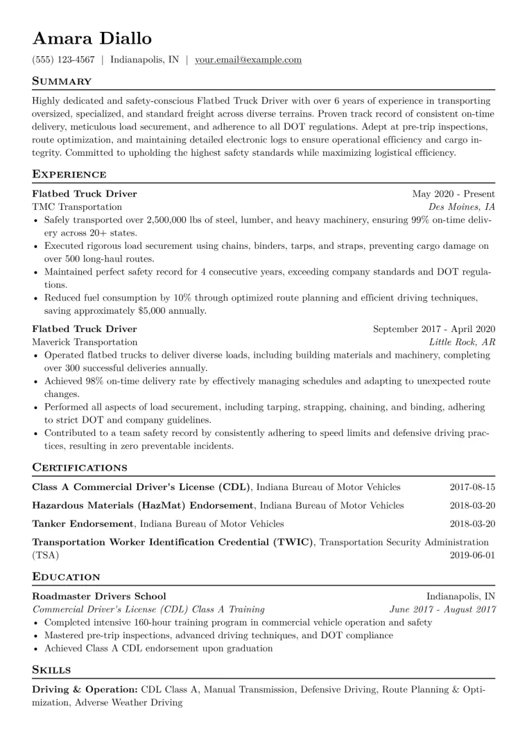 Flatbed Truck Driver Resume Example CV template preview