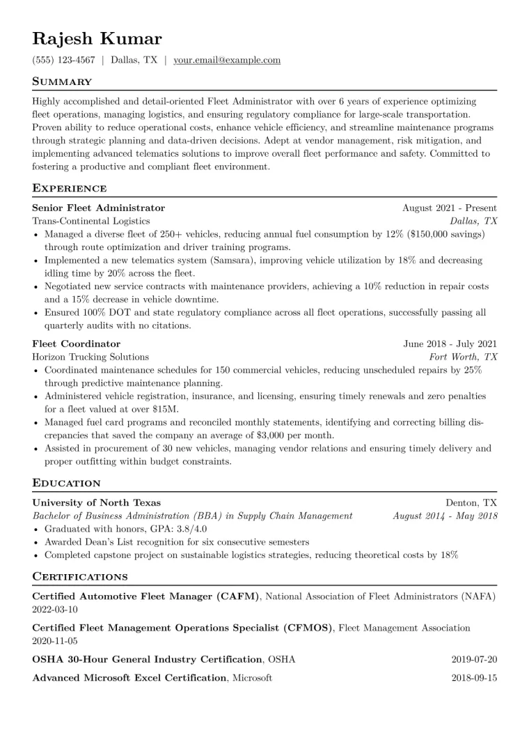 Fleet Administrator Resume Example CV template preview