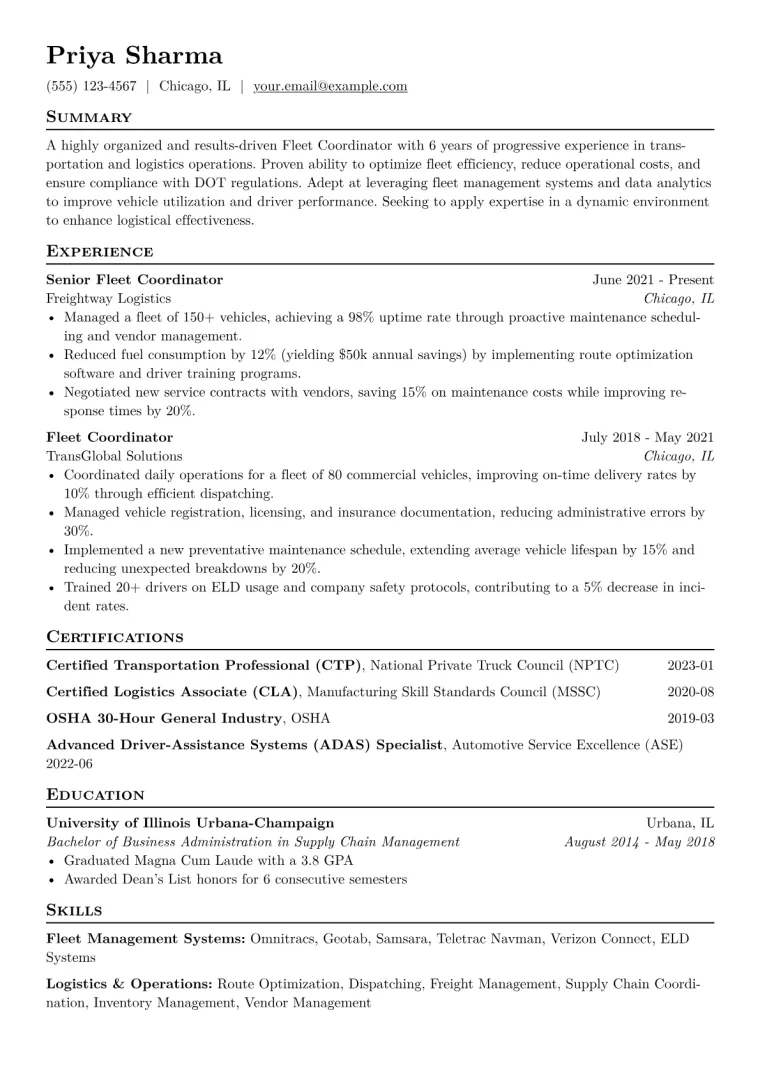 Fleet Coordinator Resume Example CV template preview