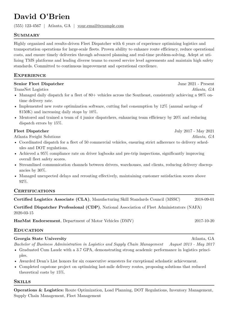 Fleet Dispatcher Resume Example CV template preview