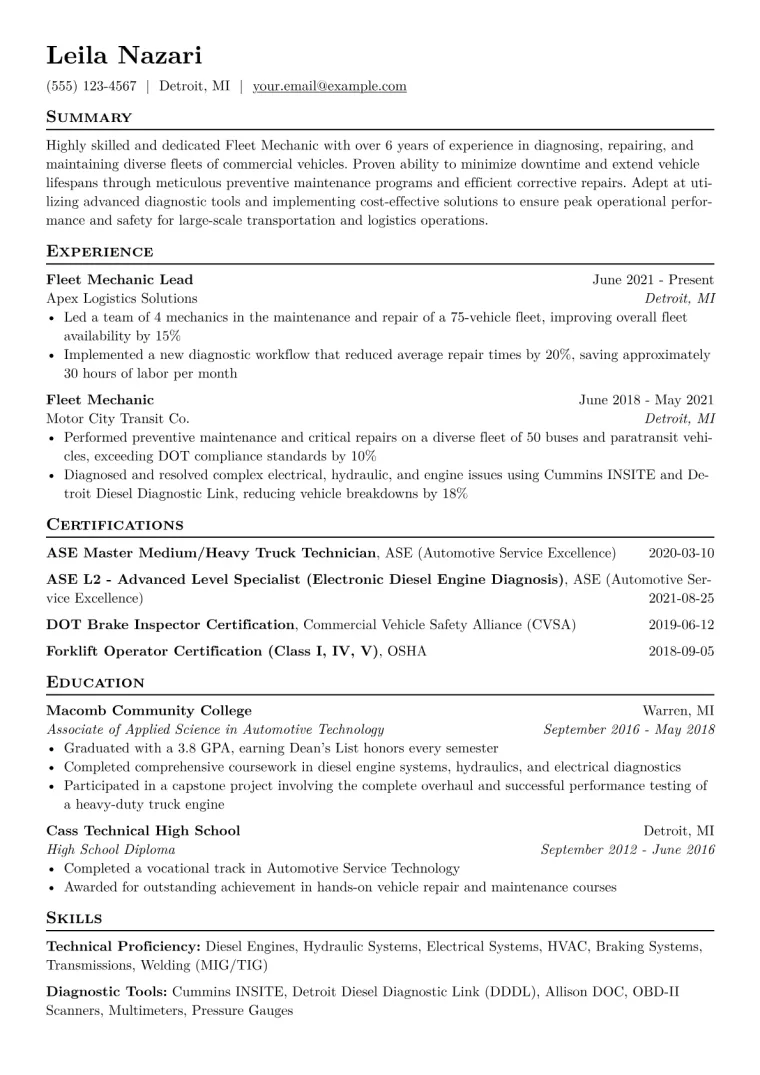 Fleet Mechanic Resume Example CV template preview