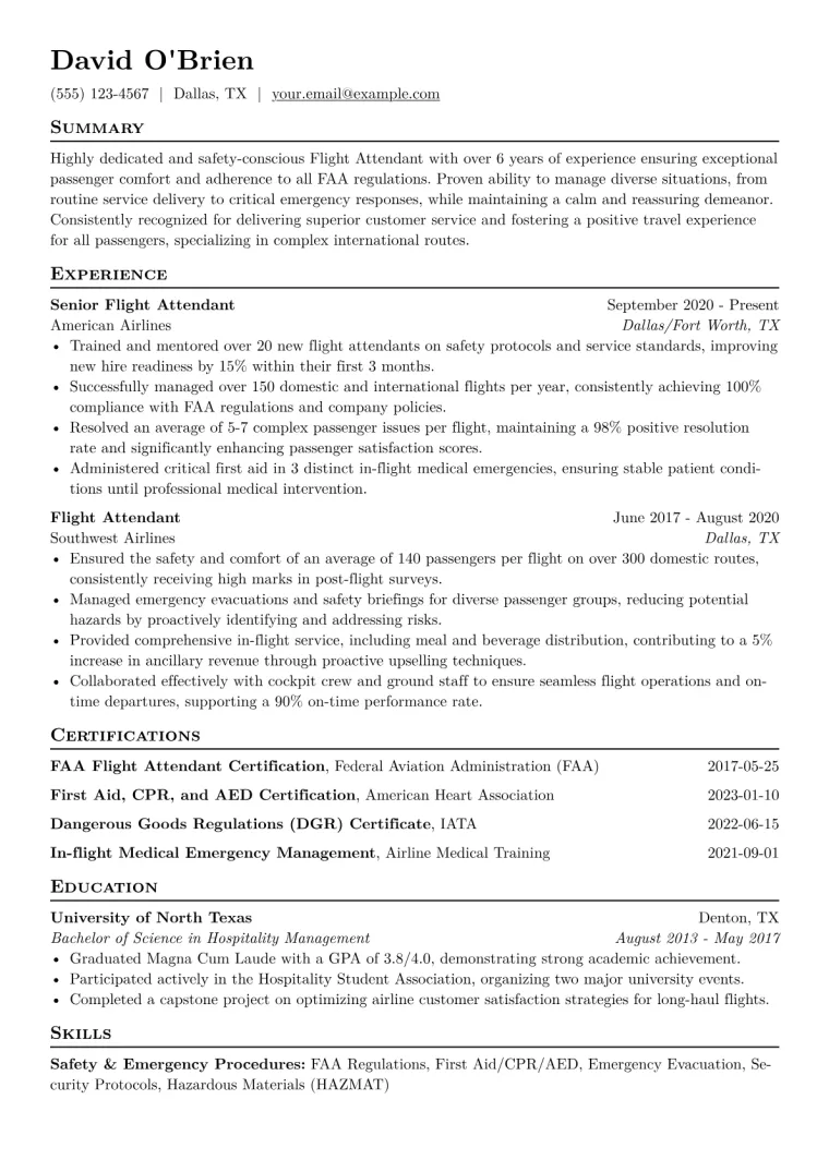 Flight Attendant Resume Example CV template preview