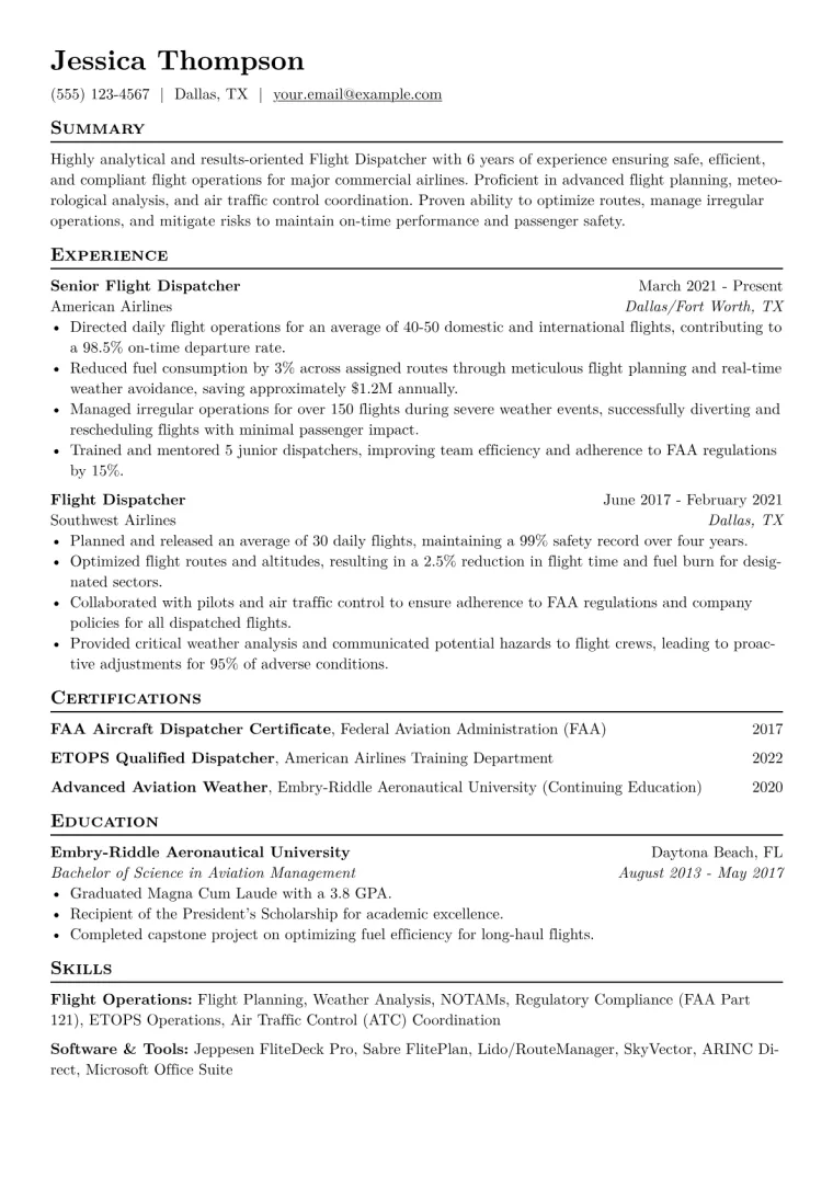Flight Dispatcher Resume Example CV template preview