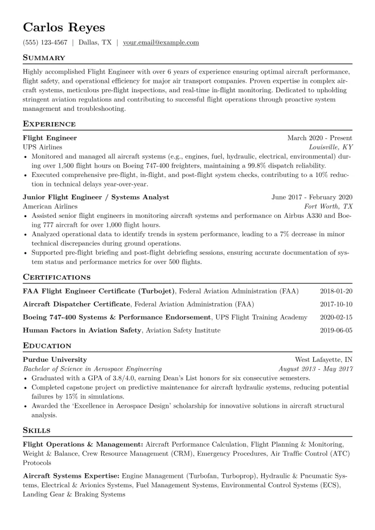 Flight Engineer Resume Example CV template preview