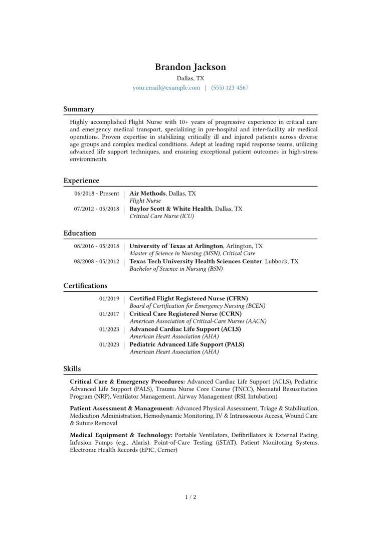 Flight Nurse Resume Example CV template preview