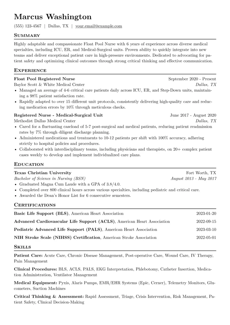 Float Pool Nurse Resume Example CV template preview