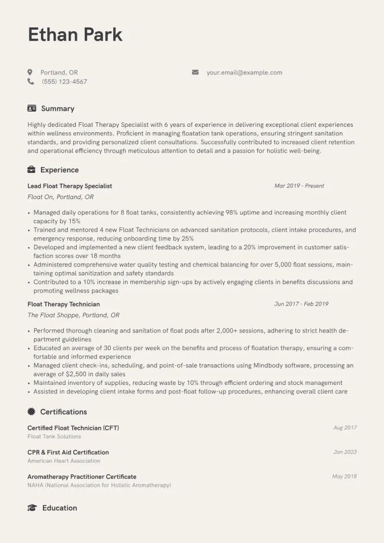 Float Therapy Specialist Resume Example CV template preview