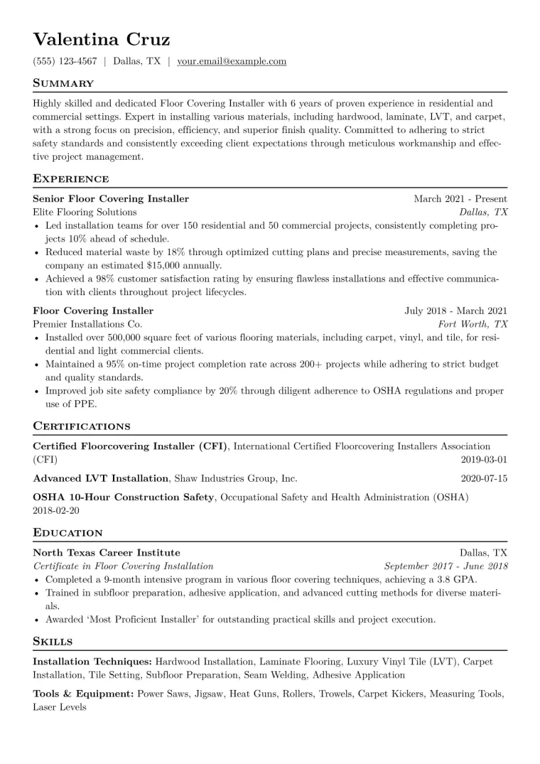 Floor Covering Installer Resume Example CV template preview