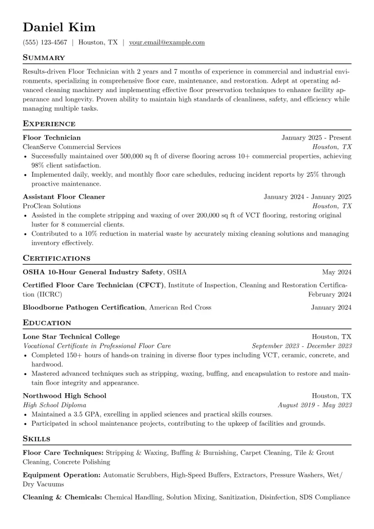 Floor Technician Resume Example CV template preview