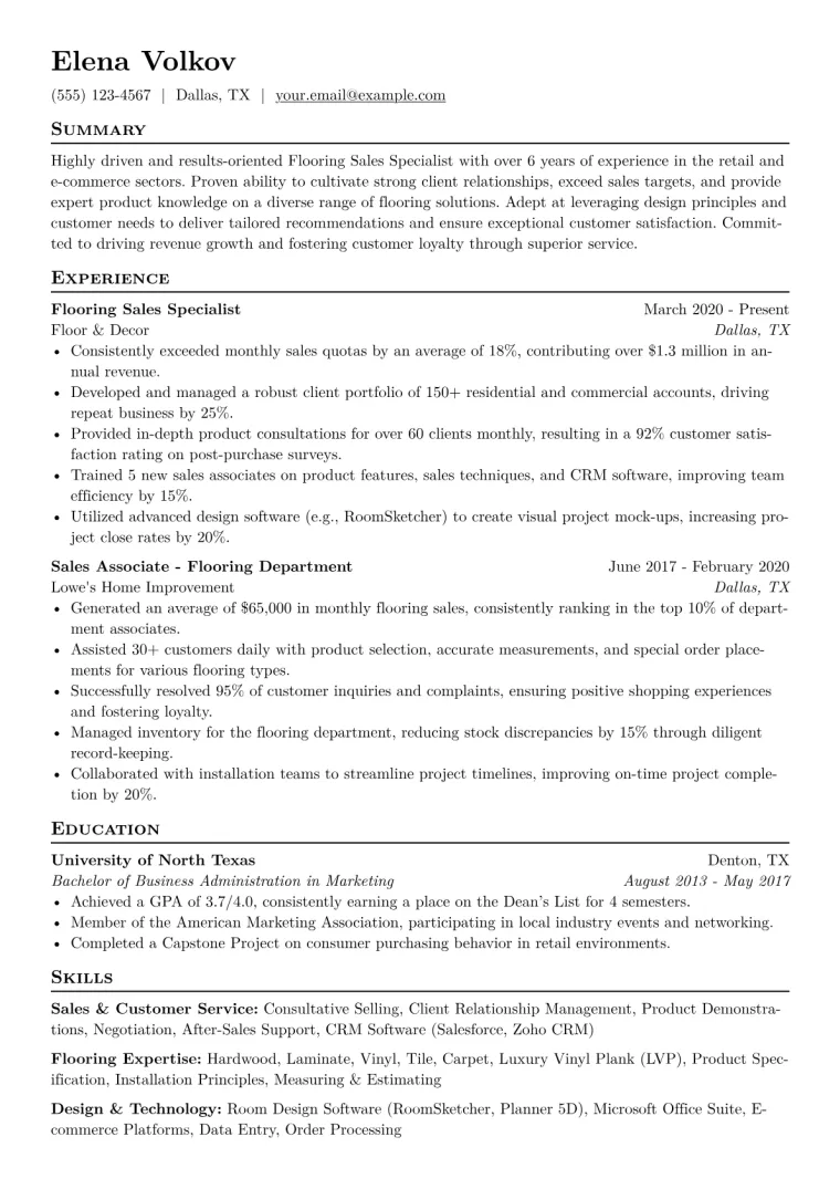 Flooring Sales Specialist Resume Example CV template preview