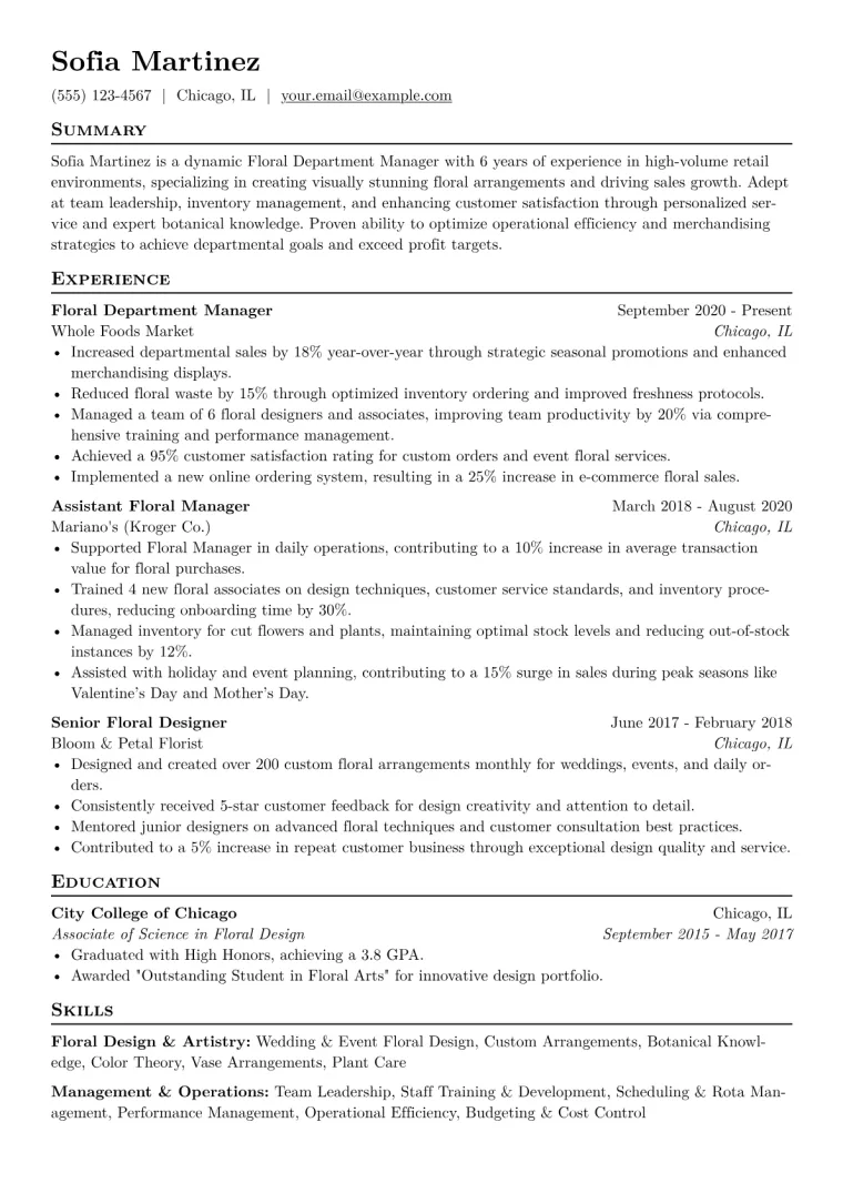 Floral Department Manager Resume Example CV template preview