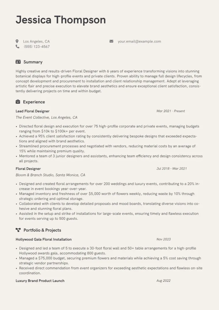 Floral Designer Resume Example CV template preview