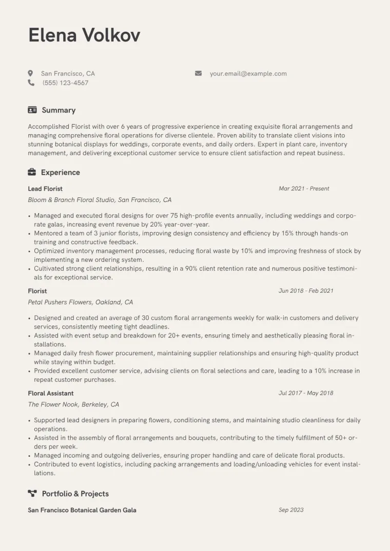 Florist Resume Example CV template preview