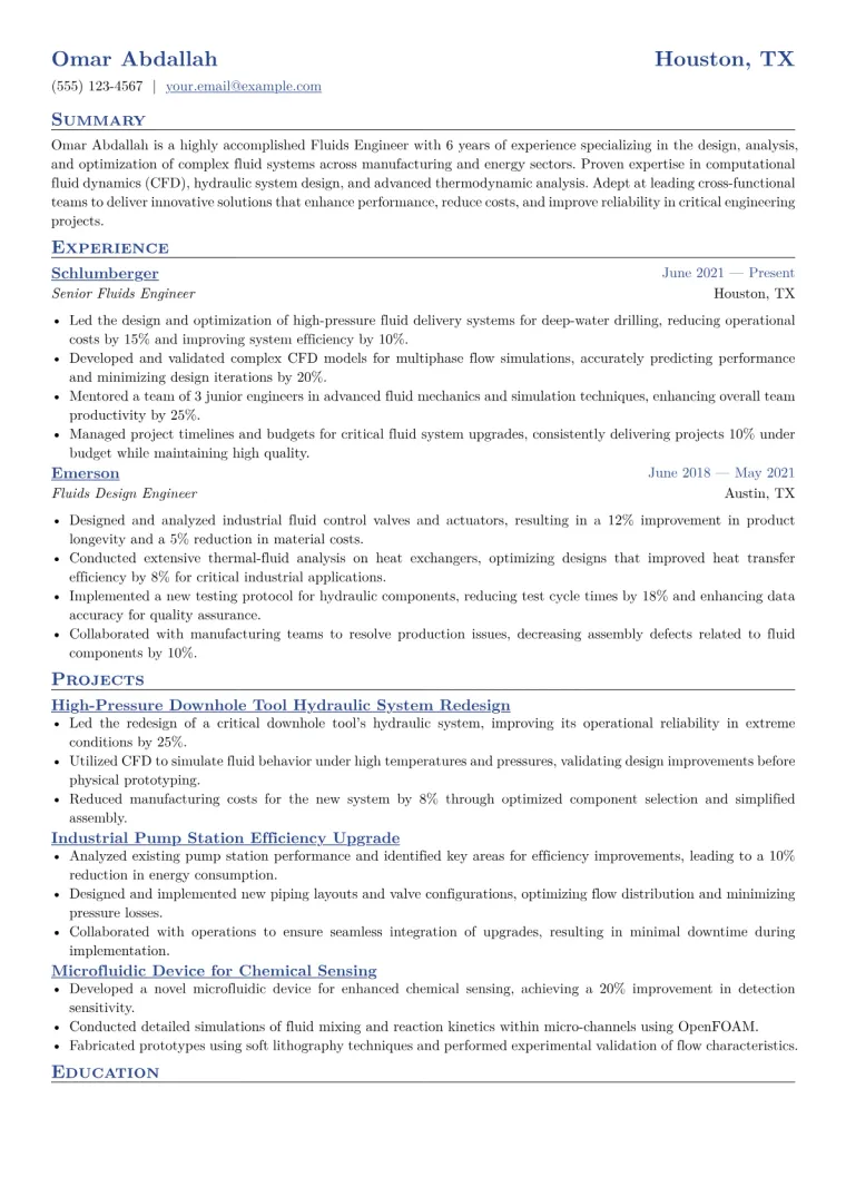 Fluids Engineer Resume Example CV template preview