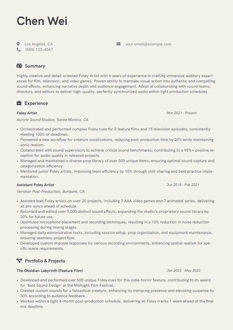 Foley Artist Resume Example CV template preview