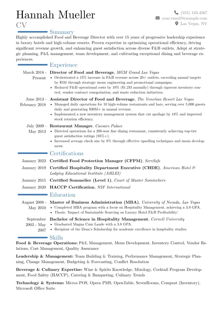 Food and Beverage Director Resume Example CV template preview