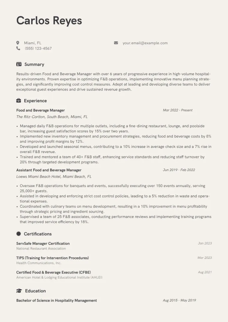 Food and Beverage Manager Resume Example CV template preview